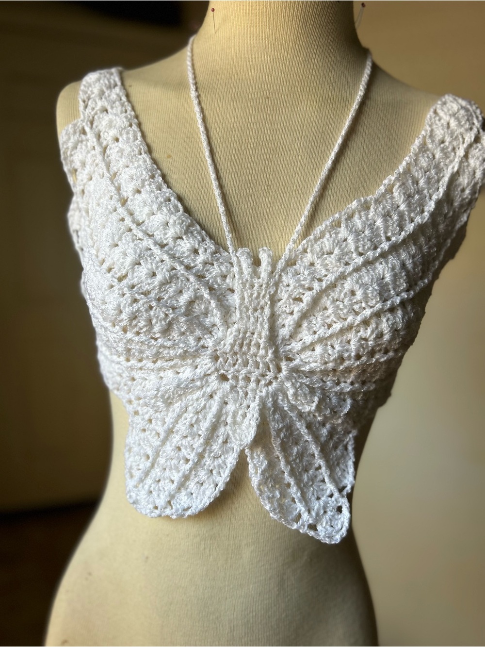 Handmade White Crochet Butterfly Crop Top